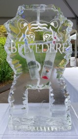 Single Pour Drink Luge with Bottles frozen into block and snowfilled logo