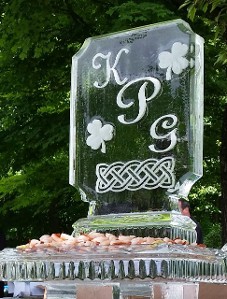 Ice Matters Snowfilled logo with initials, shamrocks and Irish Knot on back of tray