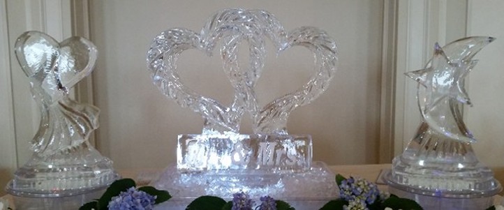 Ice Matters Linking Hearts - detailed with snowfilled plaque in front and individual table centerpiece on each side - swooping heart and moon/star