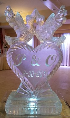 Lovebirds on solid heart with initials and date