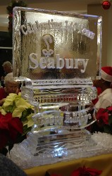 Snowfilled and Gold Glitter Logo with Happy Holidays Banner Frozen onto Column Base