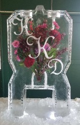 Silk Flowers frozen into block for double pour luge with initials, detailed edges