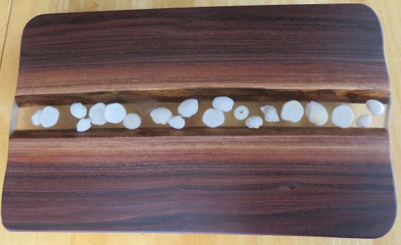 Treemendous Wood Creations Black Walnut Serving Board with White Shells in Clear Resin