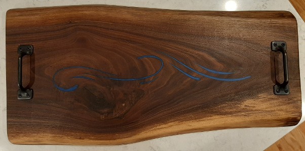 Abstract Wave Design in Blue Resin on Black Walnut Serving Tray