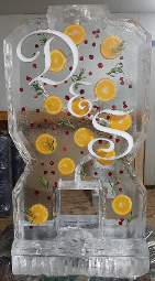 Single Pour Drink Luge with Fruit and Herbs frozen into bloc, Snowfilled initials