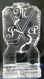 Single Pour Drink Luge with Hockey Pucks frozen into block with snowfilled personalization