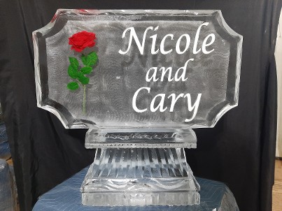 Single Silk Rose Frozen into Block with Snowfilled Names, cut corners