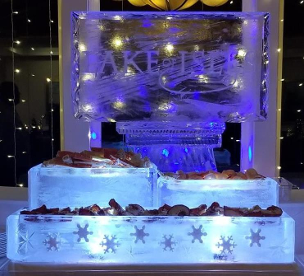 Blocks Raw Bar with Snowfilled Snowflakes on front block and Snowfilled Logo in Back
