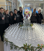 Bristol Hospital Laminated Logo frozen into block with grapes, wine glass silhouette 