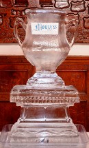 Mory's Laminated Logo frozen into block, trophy silhoette