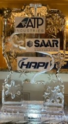Single Pour Drink Luge with printed logos frozen into block and carved snowflake accents