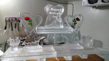 36.)  Ice Matters 80 Inch Heart Theme Raw Bar with Shrimp Tower - Silk Roses (lemon holders will be rectangle)