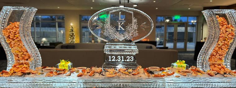 Ice Matters 120 Inch Base Tray with Shrimp Tower on Each Side, Lemon Holders and Custom Monogram in Center