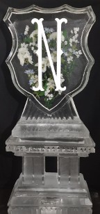 Ice Matters Silks frozen into block with custom snowfilled initial, shield shape