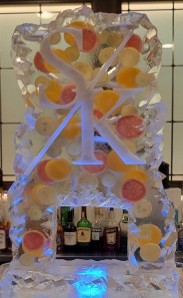 Ice Matters Single Pour Drink Luge with citrus frozen into block and custom initials - rocky