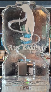 Ice Matters single pour drink luge with snowfilled penguin and wording