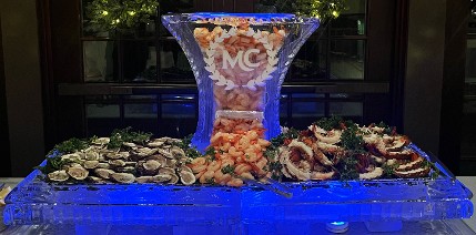 50 inch tray with shrimp tower in center, front access, snowfilled logo, detailed