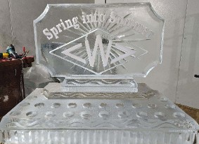 Snowfilled Logo, v-lined sun burst in back, horizontal with cut corners on back of custom cut 40 inch tray