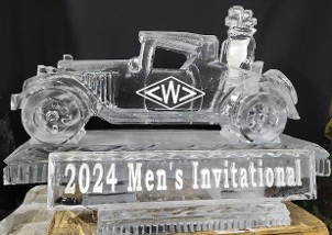 Carved Vintage Car with Small Snowfilled Logo on door, small snowfilled golf clubs on back and snowfilled plaque in front