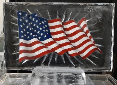 American Flag Picture frozen into block, clear accents on back - shown on back of custom 40 inch tray