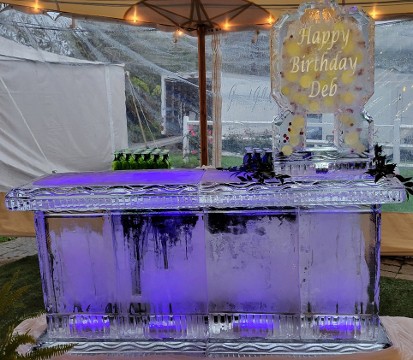 80 Inch Free Standing Bar with Solid Legs - Snowfilled Skyline and drink luge on top- not tempered