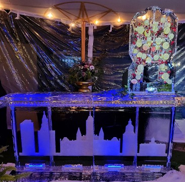 80 Inch Free Standing Bar with Solid Legs - Snowfilled Skyline and drink luge on top- end of night