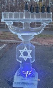 Ice Matters Menorah with Snowfilled Star of david on Stem - holes cut to hold 3 inch torch inserts