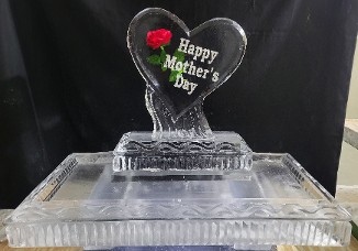 32.)  Ice Matters - Snowfilled Happy Mother's Day Heart with Silk Rose on Back of 40 Inch Tray