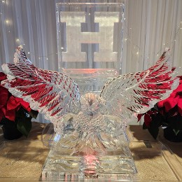 Ice Matters - Carved falcon in front of snowfilled logo on raised base