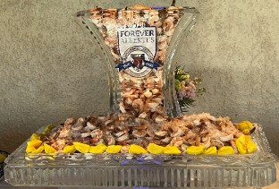 ice matters - shrimp tower with laminated logo on back of 40 inch tray - shown filled