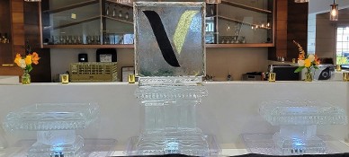 pick up at our studio or add to larger order, ash shown - ice matters pedestal tray on each side of logo with black and gold glitter