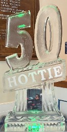 ice matters - carved 50 with snowfilled name under and printed laminated picture in base