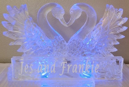 kissing swans with custom plaque with snowfilled names and small tropical frog - horizontal