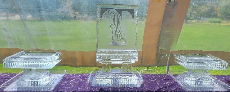 ice matters - custom snowfilled initials with pedestal tray on each side - pedestal trays are pick up at our studio or added on to larger order as shown