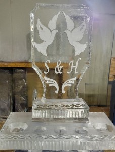  ice matters - snowfilled doves with initials and flourish on back of 40 inch tray