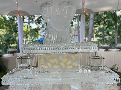 ice matters - two tier tray with personalized heart shrimp tower on top - lemon slices frozen into support leg and lemon holder on each side
