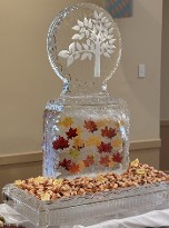 ice matters 40 inch tray with snowfilled logo on raosed base with silk leaves