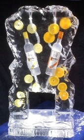 Double Pour Drink Luge with Bottles and fruit frozen into block, rocky