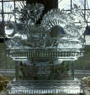 Carved Chinese Dragon on large base with silks frozen into base and snowfilled symbol on base