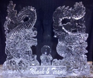 Ice Matters Wedding Dragon and Phoenix with Globe and Snowfilled Name Plaque