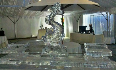 Japanese fish in center of 80 inch tray with raised step tray on each side