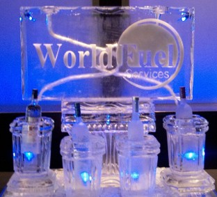 Snowfilled World Fuel Logo on double pour drink luge with x4 individual bottle holders in front