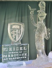 Snowfilled Dartmouth Crest over schoold of medicine logo and carved Cat in the Hat