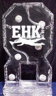 Baseballs frozen into block with snowfilled logo - single pour drink luge