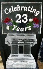 23 logo with silk flowers frozen into block